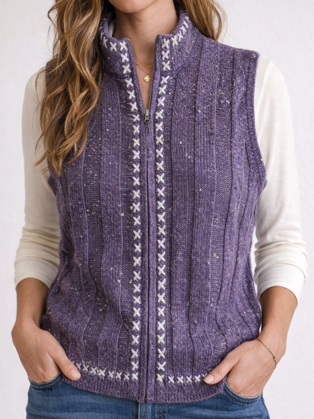 Woolrich Plum Knit Sweater Vest Womens M Zip Up Wool Blend Textured Cozy